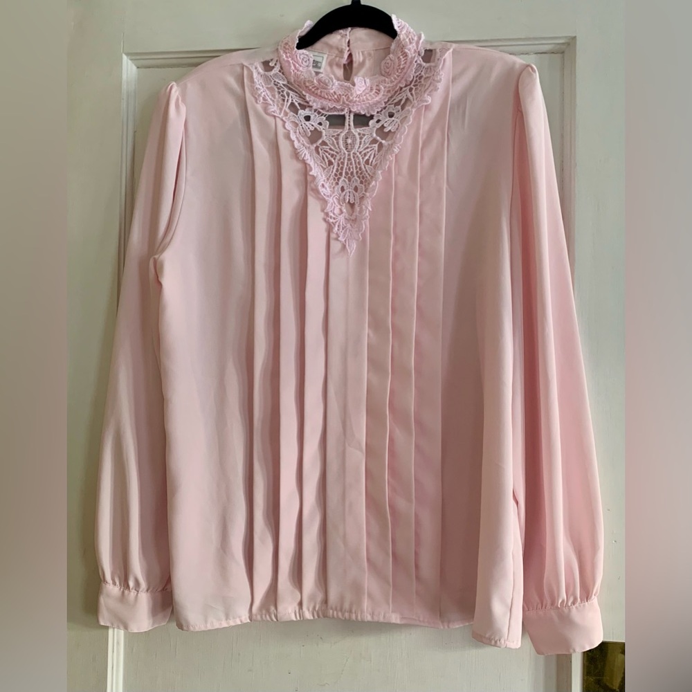Vintage Worthington Tall 14T Pink High Collar Lace Details Pleats Shoulder Pads*
